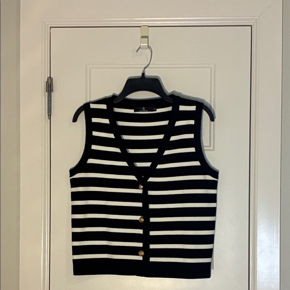 Knit Vest Black White Striped Tank Top Gold Button Front Open